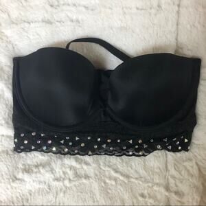 Victoria’s Secret PINK Bustier Bra Womens 32C Black Sparkle Lace Lingerie
